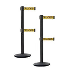 Crowd Control Warehouse CCW Set of 2 Dual Retractable Belt Barrier Stanchion, Cast Iron Base Black Post, IRBB-100D (9 Belt, Yellow with"Danger - Forklift Trucks" Black Letters Belt)
