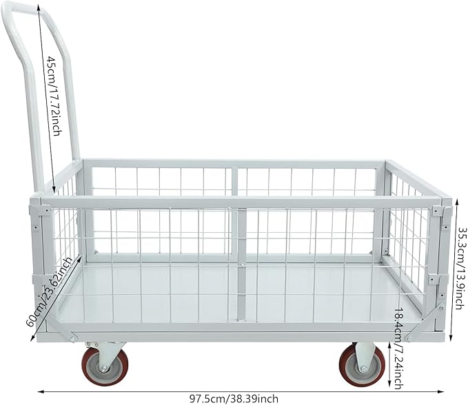 4-in-1 Platform Truck Foldable Push Cartplatform Truck with Cage 2200 lbs, Heavy Duty Moving Platform Hand Cart with 4 Wheels & Brakes, Convertible Warehouse Push Dolly for Workshop Logistics, Silver