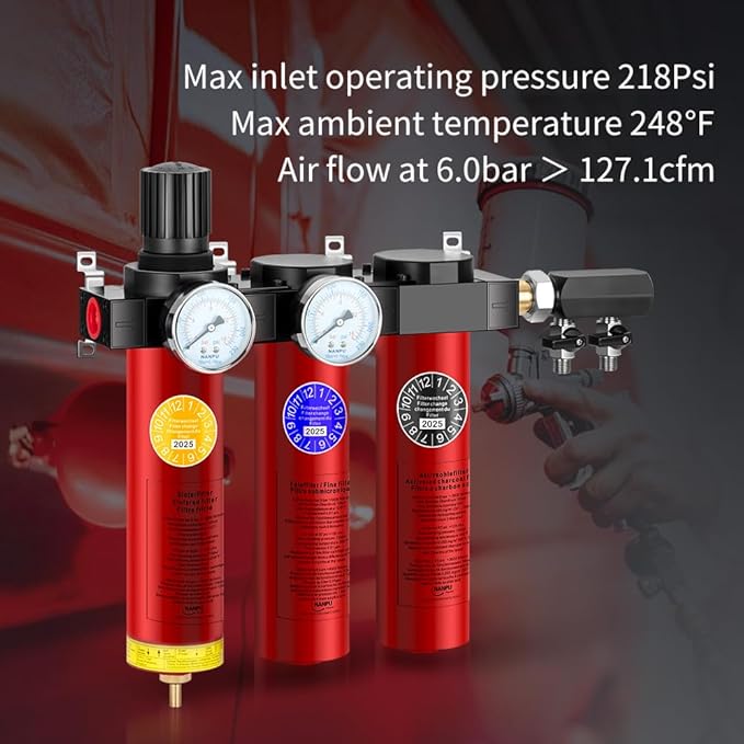 NANPU Z Series 3-Stage Air Filtration System - Sintered, Fine, & Charcoal Filters, 1/2" NPT Inlet, 1/4" NPT Outlet Module, 0-230 psi Gauge, 127 CFM @ 6 bar, Metal Housing, Heat Resistant to 248°F