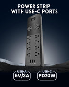 Surge Protector Power Strip 15FT, PLUGTUL Surge Protector with 10 Outlets - Spacious Design for Large Plugs, Flat Plug, 20W USB C Charging for Home, Office, ETL Listed, 2040J