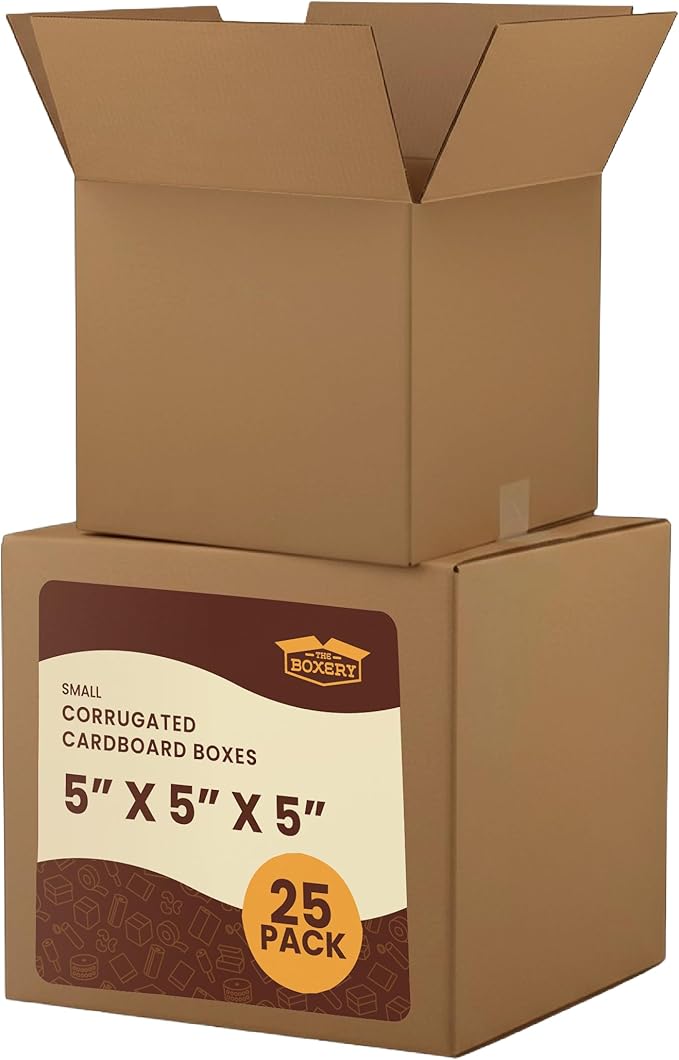 The Boxery Cube 5 x 5 x 5-inch Corrugated Cardboard Boxes, Small | Pack of 25 for Shipping, Moving, and Storage, Curbside Recyclable, Strong Wholesale Bulk Boxes