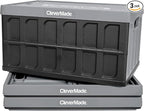 CleverMade Collapsible Storage Bins with Lids - Stone 3 Pack 46L - Plastic Containers Stackable Organization Crates Home Closet Space-Saving Durable