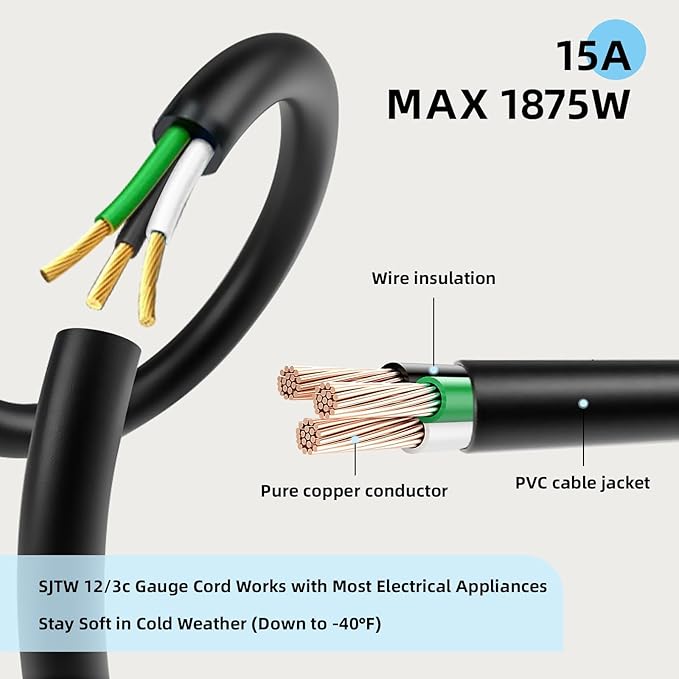 EP 12 Ft Outdoor Extension Cord - 12/3 SJTW Heavy Duty Black Extension Cable with 3 Prong Grounded Plug - Power Cord for Lawn, Garden, Appliances