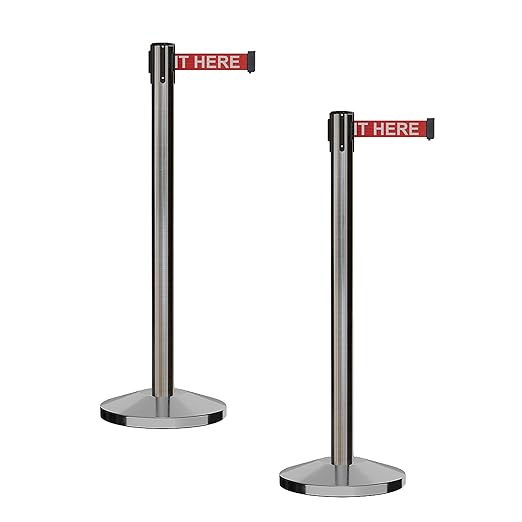 CCW Series RBB-100 - Set of 2 Stanchion Retractable Belt Barriers (9 Foot Belt, Red with"Please Wait HERE" White Letters Belt with Satin Stainless Steel Post)