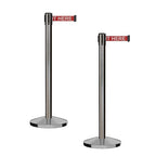 CCW Series RBB-100 - Set of 2 Stanchion Retractable Belt Barriers (7.5 Foot Belt, Red with"Please Wait HERE" White Letters Belt with Satin Stainless Steel Post)