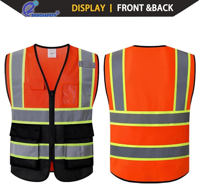 Reflective Mesh Safety Vest for Men Women with 5 Pockets and Zipper Front High Visibility Mesh Vest Hi Vis Construction Work Vest,Meets ANSI/ISEA Standards(EK175-Orangeblack-M)