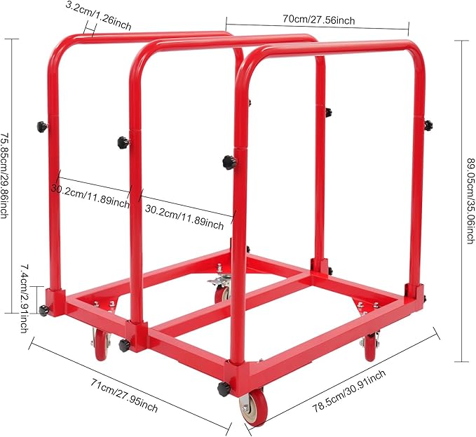 Undercat Steel Panel Truck, Heavy Duty Lumber Drywall Dolly, 1400lbs Platform Truck with 4 Swivel Casters, Flatbed Cart with 3 Side Handrails & Bottom Crossbar for Warehouse, Garage, Home, Red
