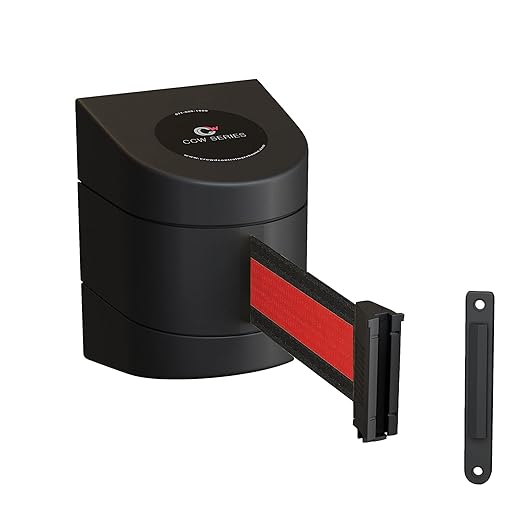 Crowd Control Warehouse - CCW Series WMB-220 Fixed Wall Mount Retractable Belt Barrier - 15 Foot, Black Horizontal Red Stripe Belt with Black ABS Case