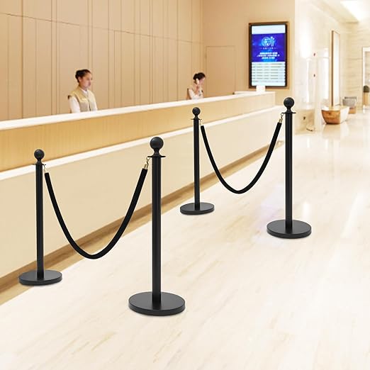 4 PCS Stanchion Posts with 2 Velvet Ropes, Black & Gold Crowd Control Barriers with Fillable Base, Stainless Steel Ball Top Poles for Event, Red Carpet, Museum & Wedding Decor