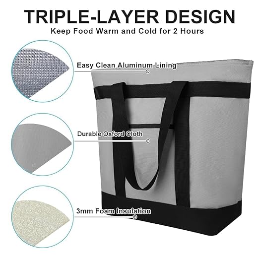 Insulated Cooler Bag, 10PK Insulated Tote Bag for Grocery Shopping, Cooler Bags for Travel/Beach/Picnic, Pizza/Food Delivery Bag to Keep Cold/Hot (Oxford Cloth, Non-Waterproof, Grey)