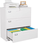 SISESOL 3 Drawer Lateral File Cabinet with Lock,White Lateral Filing Cabinet,Horizontal Metal Filing Cabinet,Locked Wide Three Drawer File Cabinet for Office Home,Fit A4/F4/Letter/Legal File