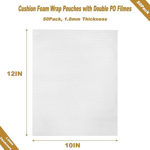 10'' x12'' Cushion Foam Pouches, 50Pcs Packing Cushioning Supplies for Moving, Foam Wrap Pouches Protect Fragile Items, Cushioning Foam Padding for Packaging Dishes/China/Cups/Plates/Mugs
