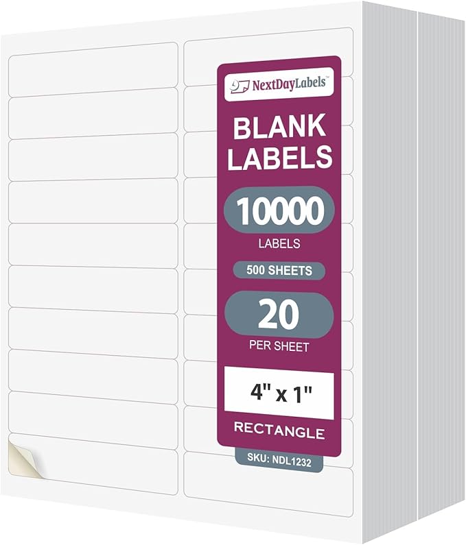 NextDayLabels – 4” x 1" Rectangular Sticker Labels for Printer - White Laser/Inkjet Printer Labels Return Address Labels Shipping Label Stickers (500 Sheets, 20 Per Sheet, 10000 Labels)