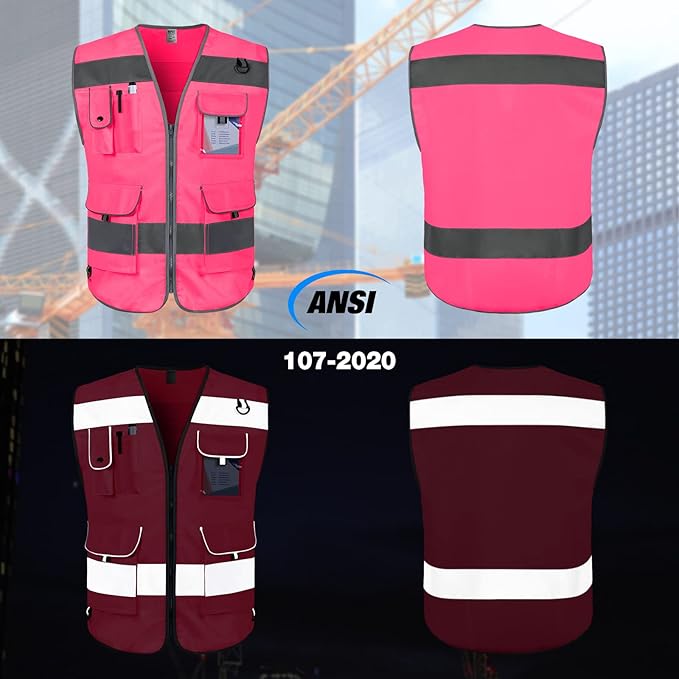 TCCFCCT Pink Safety Vest for Men Women 9 Pockets High Visibility Reflective Vest for Safety, Work Vest with Reflective Strips, Meets ANSI/ISEA Standards, X-Large