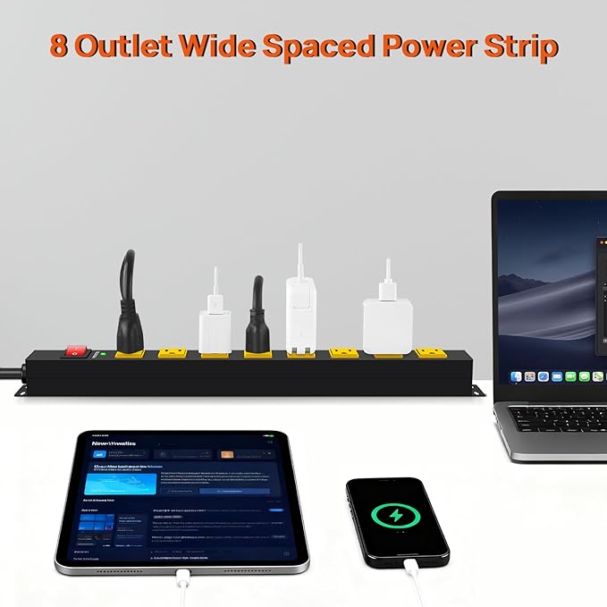 ANNQUAN Metal 8 Outlet Mountable Power Strip with 1200J Surge Protector,Wall Mount Heavy Duty Long Power Strip,Wide Spaced Outlet with Switch,6FT Cord