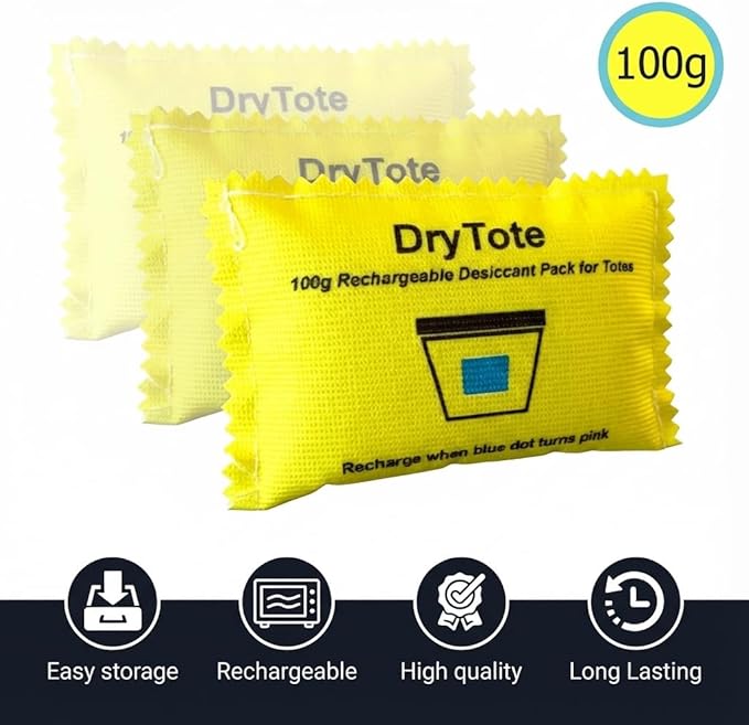 DryTote Rechargeable Desiccant Pack (Pack of 10), Ultimate Moisture Absorption, Color Change Indicator, Safe Storage Protection, Large Capacity 200 Gallons, 100g, Yellow