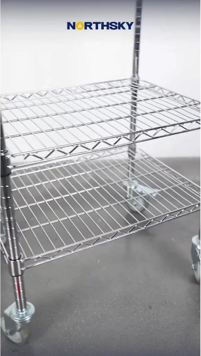 Northsky 2-Shelf Wire Utility Cart on Wheels, Chrome Finish Rolling Metal Shelving with Wheels, 550lb Capacity, 24" x 18" x 38", 2 Tier Rolling Cart for Kitchen Bar Storage Use