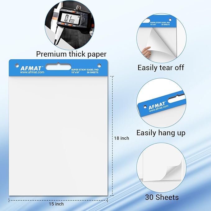 AFMAT Sticky Mini Easel Pads, 15 in x 18 in Flip Chart Paper for Teachers, Super Sticky & Bleed-Resistant, Self-Stick Easel Paper for Office/Classroom/Whiteboard/Wall/Windows, 30 Sheets/Pad, 5 Pads