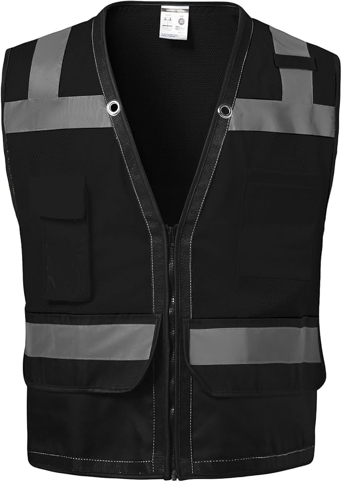 Reflective Safety vest With back plan pocket,High visibility Class 2 Heavy Duty Surveyor Vest with Zipper,Hi Vis Vest ANSI/ISEA Standard, Construction Work Vest for Men＆Women(Black,M)