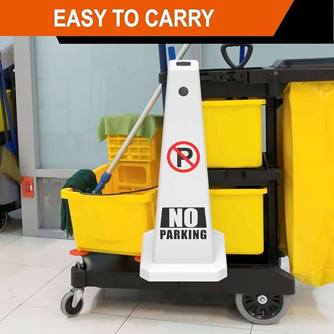 No Parking Sign, 26.4-Inch Traffic Safety Cone, White Plastic, High-Visibility, Weatherproof, Slip-Resistant Base, Stackable, Indoor Outdoor Use-4Pack