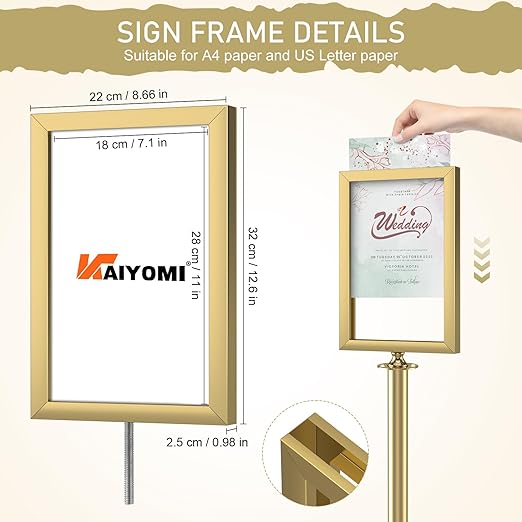 kaiyomi 6Pcs Stanchions Posts Velvet Ropes with Red Carpet and Sign Frame, Water or Sand-Fillable Base, Suitable for 8.5" x 11" A4 Paper Size Sign Frame for Red Carpet Party Decoration (Golden)