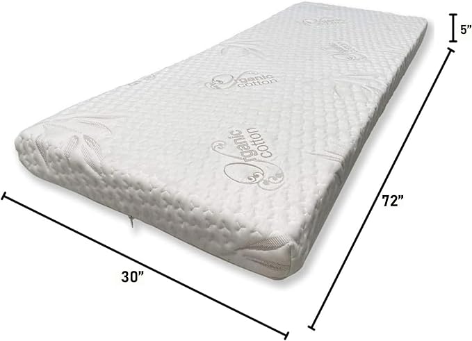 Foamma 5” x 30” x 72” High Density Foam Bunk Mattress, Organic Cotton Cover, Made in USA, Comfortable, CertiPUR-US Certified