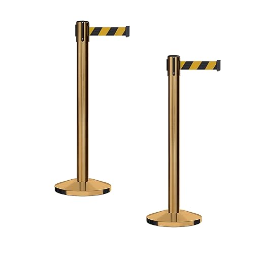 Crowd Control Warehouse CCW Series RBB-150 - Set of 2 Stanchion Retractable Belt Barriers - 16 Foot, Black & Yellow Diagonal Belt with Satin Brass Steel Post - Easy Assembly