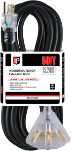 EP 50 Ft Lighted Outdoor Extension Cord with 3 Electrical Power Outlets - 12/3 SJTW Heavy Duty Black Extension Cable with 3 Prong Grounded Plug for Safety, UL Listed