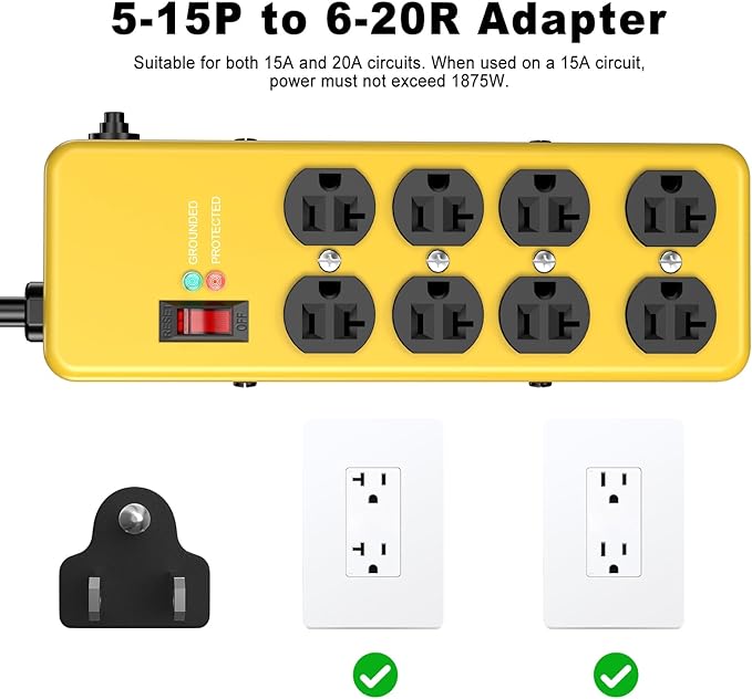 Heavy Duty Power Strip 20 amp,Metal 8 Outlet Power Strip,Wall Mount Surge Protector 4800J,12 Gauge 6FT Extension Cord 5-15P Adapter Workshop & Industrial Use with 6-20R T-Slot Outlets