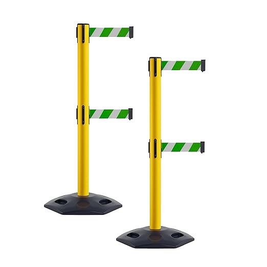 Crowd Control Warehouse CCW Set of 2 Retractable Dual Belt Stanchion Safety Barrier, Heavy-Duty Rubber Base Yellow Post, WBB-200D (11 Foot Belt, Green and White Diagonal Belt)