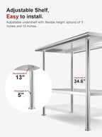 Stainless Steel Prep Table for Work, 24 * 48 Inch, High Load Bearing with Undershelf for Outdoor, Restaurants, Workshops, Kitchens, Garages and Gardens