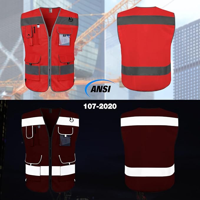 TCCFCCT Safety Vest for Men Women 9 Pockets High Visibility Reflective Vest for Safety, Work Vest with Reflective Strips, Meets ANSI/ISEA Standards, (Red, X-Large)