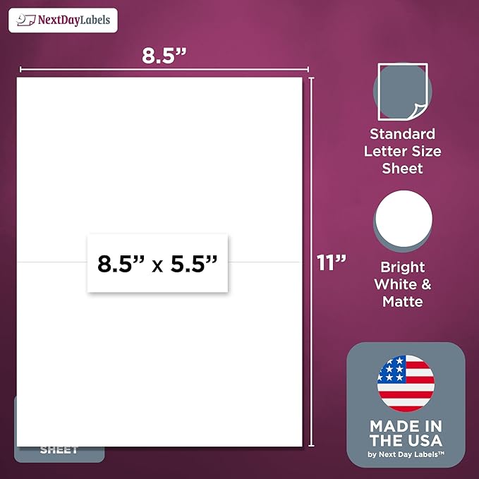 NextDayLabels – 8-1/2" x 5-1/2" Rectangular Sticker Labels for Printer - White Laser/Inkjet Printer Labels Return Address Labels Shipping Label Stickers (250 Sheets, 2 Per Sheet, 500 Labels)