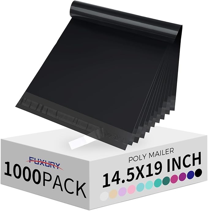 Fuxury Poly Mailers 14.5x19 Inch 1000 Pack, Bulk Shipping Bags for Clothing, Strong Adhesive Shipping Envelopes for Small Business Suppliers,Waterproof Mailers Poly Bags Mailing Envelopes Black