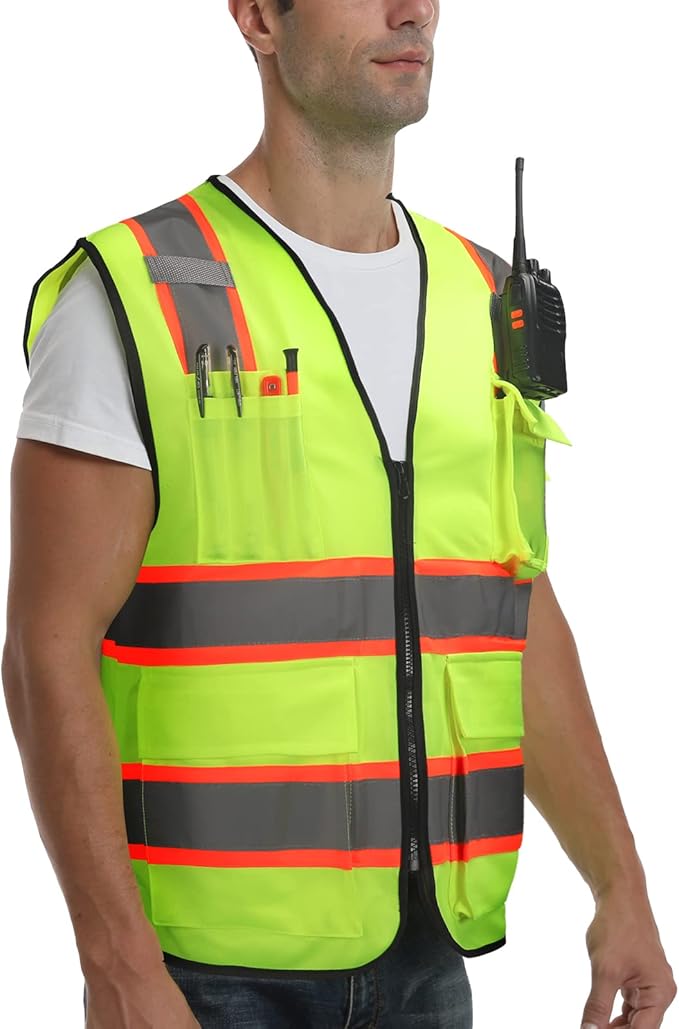 9 Pockets High visibility Class 2 Safety Vest，Hi Vis Vest with 2 inch wide Reflective Strips security vest with Zipper construction work vest for men &women Lime，XL