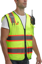 9 Pocket High Visibility Class 2 Safety Vest with Reflective Strips and Zipper Closure for Men & Women in Lime, 2XL