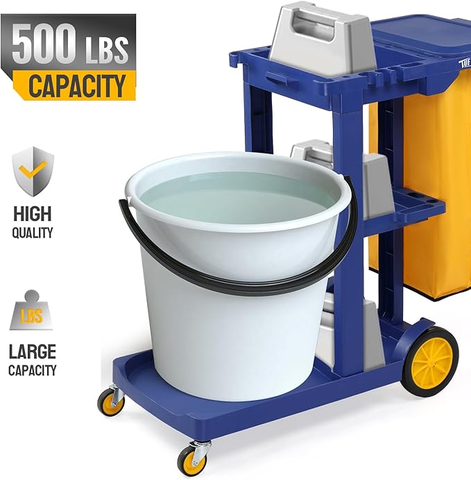 TUFFIOM Commercial Traditional Cleaning 3-Shelf Janitorial Cart, 500 Lbs Capacity Housekeeping Cart, Wheeled with Yellow VinylBag and Cover w Lid, Blue