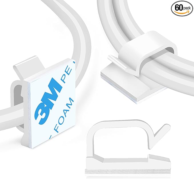 XHF 5/8” Adhesive Cord Clips White 60pcs, Outdoor Christmas Light Clips, Cable Management Staples for Under Desk, Car, Wall, TV, PC, Ethernet