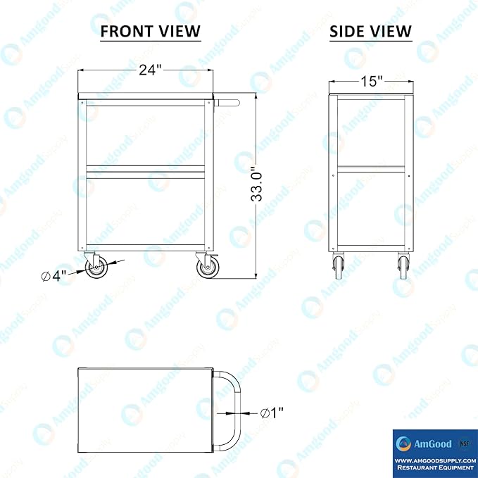 15 in. Wide X 24 in. Long X 33 in High | 3 Shelf Metal Utility Cart on Wheels with Handle
