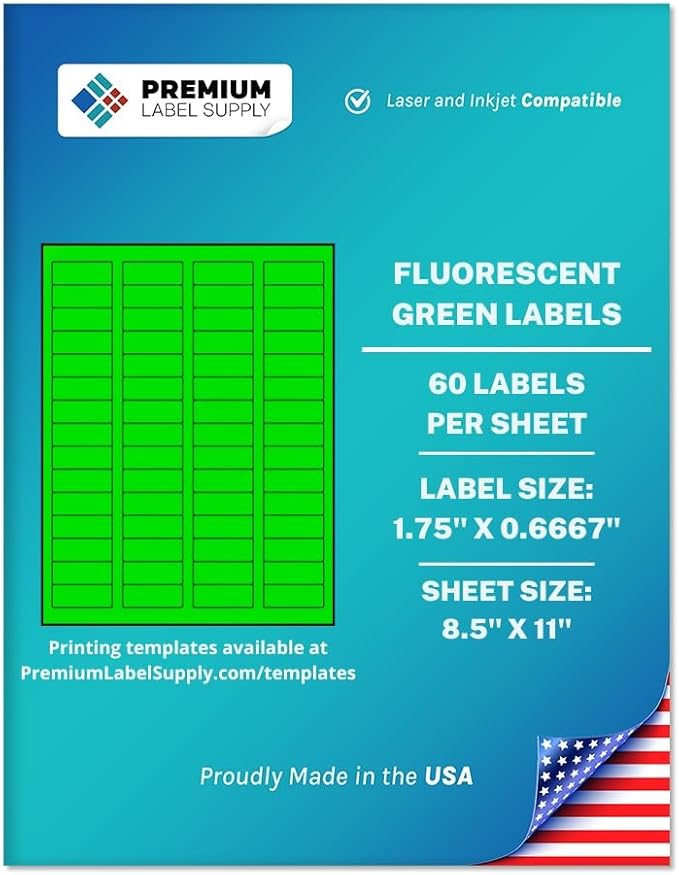 Premium Label Supply Bright Neon Color Fluorescent Sticker Labels - 1.75" x 0.6667" Return Address Labels - (Fluorescent Green, 1500 Labels)
