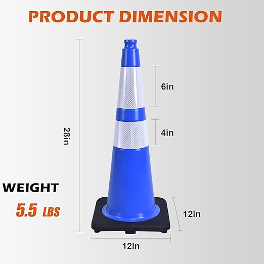 4 Pack 28 Inch Blue PVC Traffic Cones Black Base Stable Flexible, Road Safety Construction Zone Crowd Control Parking Safety Cones (4, Blue, 28 Inch)