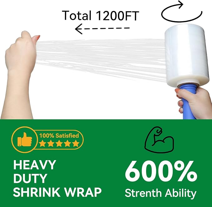 80 Gauge Stretch Wrap Film - 5" x 1200' (12 Rolls) - Heavy Duty Plastic Wrap for Moving, Packing, Shipping & Pallet Stabilization 600% Stretch Self-Adhering Shrink Wraps for Furniture Protection
