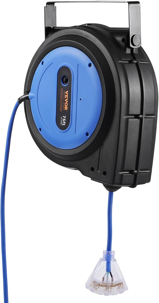 VEVOR 75FT Retractable Extension Cord Reel, 14AWG/3C SJTOW Heavy Duty Power Cord w/Lighted Electrical Triple Tap Outlets, 13A Circuit Breaker,180° Swivel Bracket for Workshop or Garage, Blue