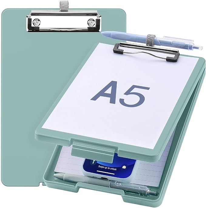Small Clipboard with Storage, A5 Clipboards with Pen Holder, Half Letter Clip Boards 6x9 Mini Plastic Clipboard with Low Profile Clip for Classroom, School, Office Supplies (Grey Green)