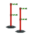 Montour Line MSR630D Set of 2 Retractable Belt Barrier Stanchion, Heavy-Duty Rubber Base, Red Post (11 ft Green and White Diagonal Dual Belt)