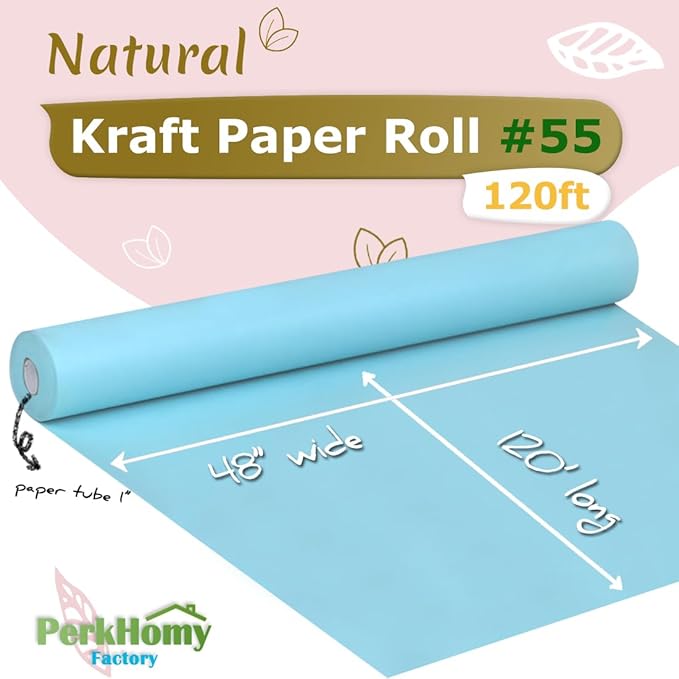 PerkHomy 48" x 1,440" (120') Light Blue Kraft Paper Roll for Craft Bulletin Board Paper Art Table Covering Crafting Gift Wrapping Bouquet Packing Parcel 80GSM 55LB (Light Blue, 48" x 120')