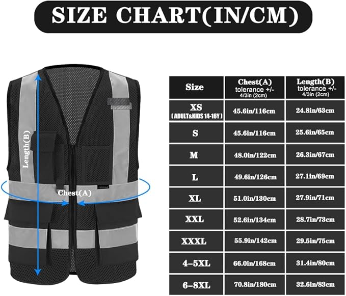 A-SAFETY 4xl 5xl black mesh Hi Vis Work Vest big and tall