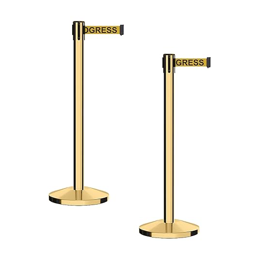 CCW Series RBB-100 - Set of 2 Stanchion Retractable Belt Barriers (9 Foot Belt, Yellow with"Cleaning in Progress" Black Letters Belt with Polished Brass Post)
