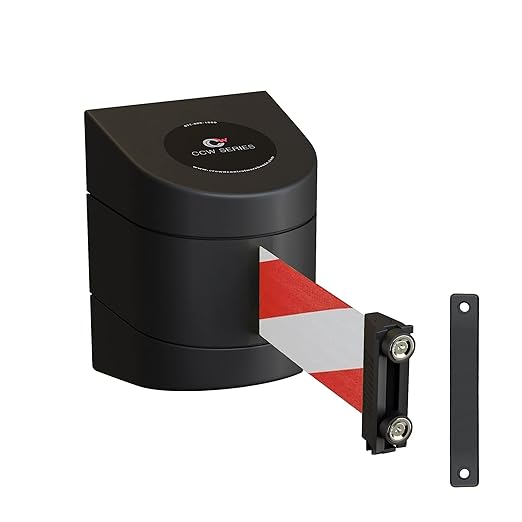 Crowd Control Warehouse - CCW Series WMB-220 Magnetic Wall Mount Retractable Belt Barrier - 15 Foot, Red and White Diagonal Belt with Black ABS Case