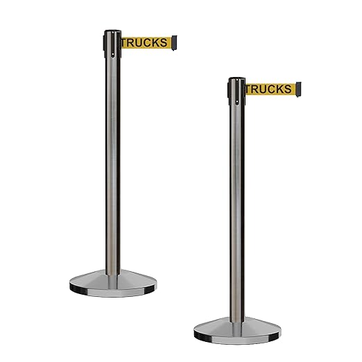 CCW Series RBB-100 - Set of 2 Stanchion Retractable Belt Barriers (9 Foot Belt, Yellow with"Danger - Forklift Trucks" Black Letters Belt with Satin Stainless Steel Post)